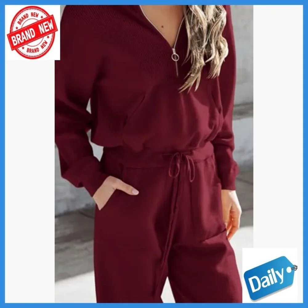 Large 2-Piece Sweater Set Zip Up Sweatshirt Jogger Pants Tracksuit